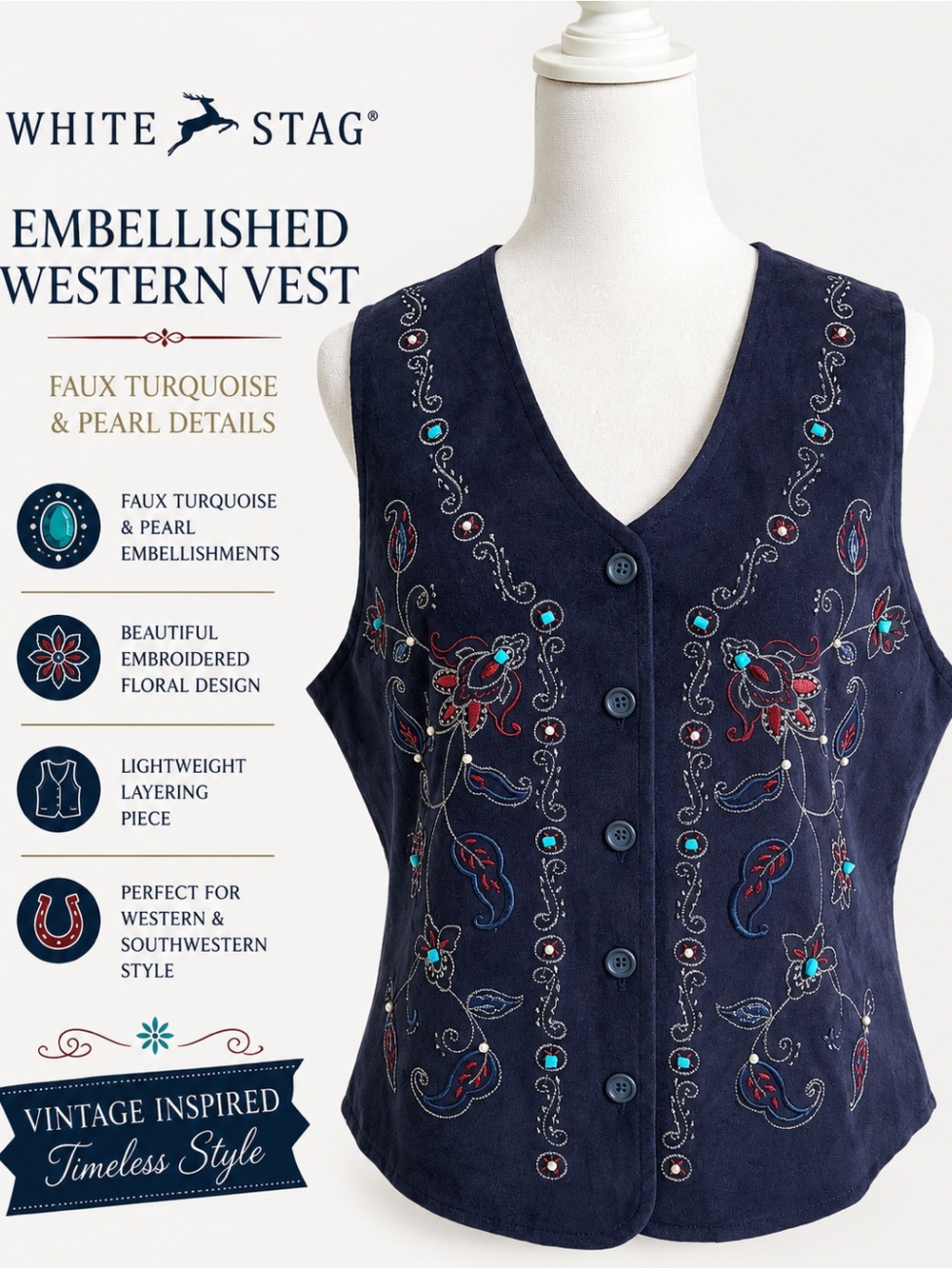 White Stag Navy Embroidered Floral Button-Front Vest